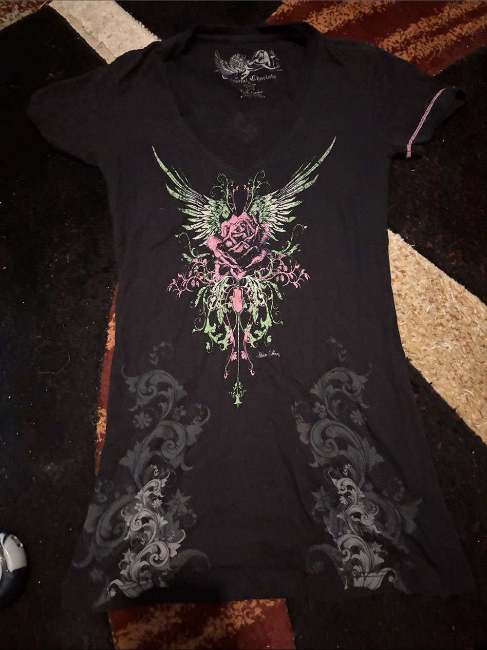 Y2K Black V-Neck Graphic Women’s Tee with Pink & Green Winged Rose